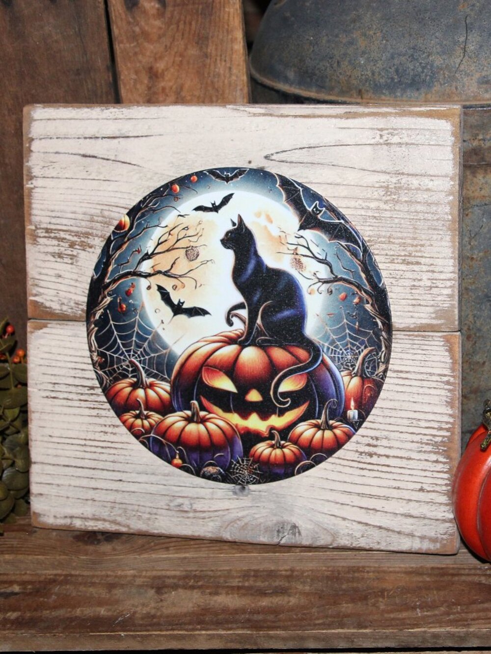 NEW Rustic Black Cat & Jack-O'-Lantern Halloween Wall Decor Plaque Sign